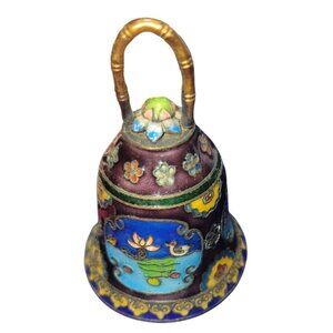 Vintage Cloisonné Enamel Bell With Intricate Floral & Bird Design Purple Blue
